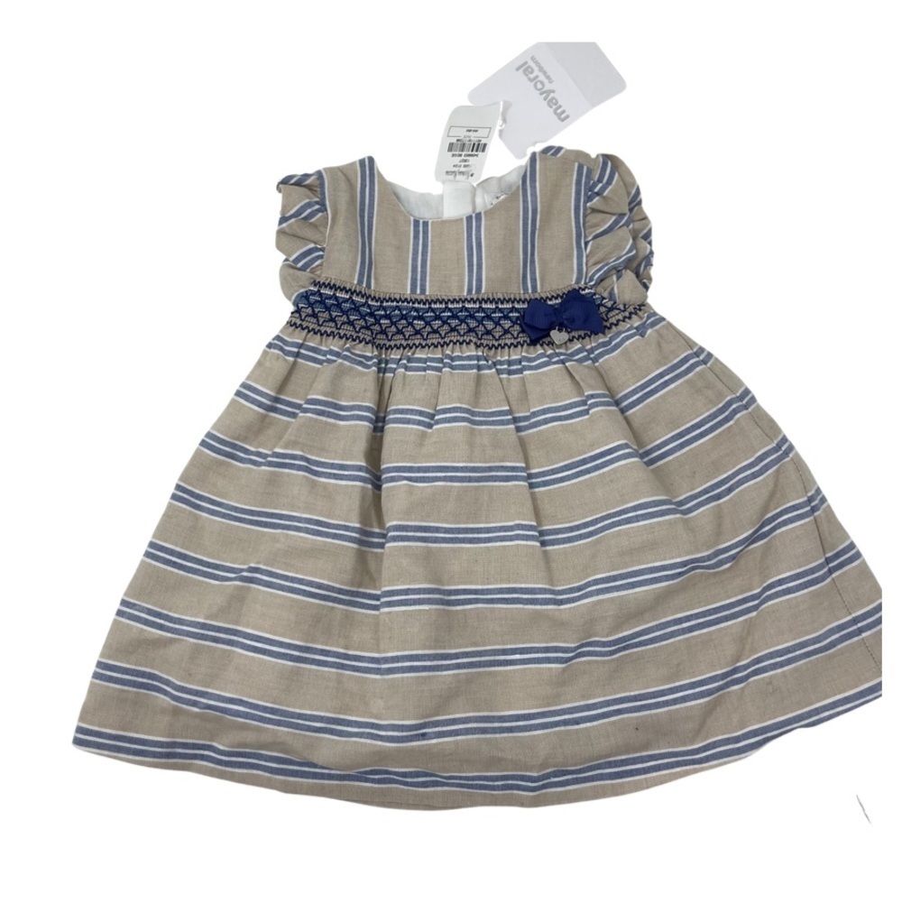 NWT Mayoral LINEN BABY DRESS in tan and blue sz 3-6m